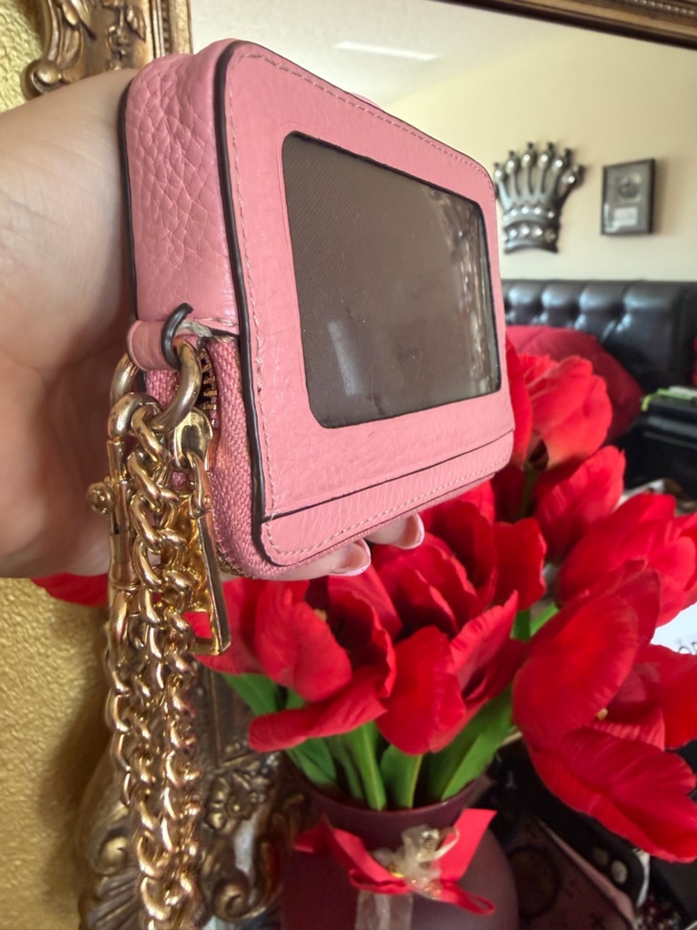 Coach Pink Pebbled Leather Card Holder Wallet Wristlet gold Chain Id 🪪 holder - Picture 4 of 17